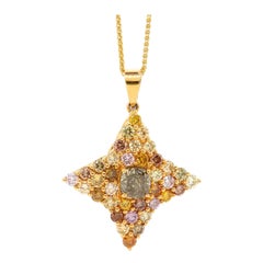 1.27 Ct Natural Cushion Cognac Multi-Color Round Diamond Pendant 18K Yellow Gold