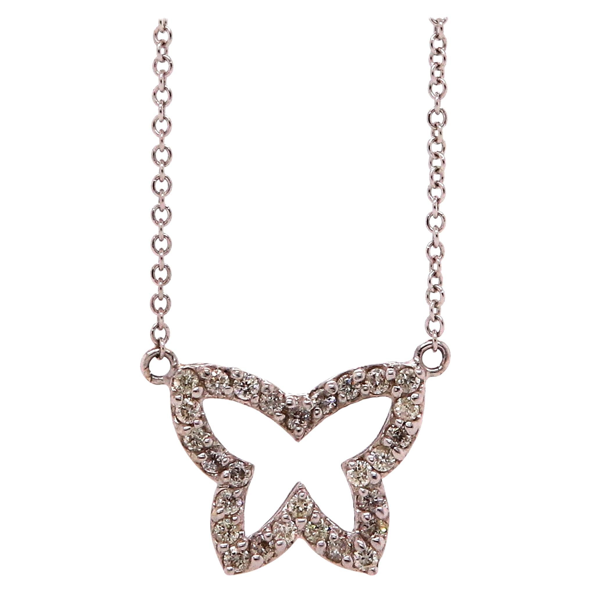 Butterfly Shaped Round Diamond Pendant Necklace 14k White Gold Motif Animal For Sale