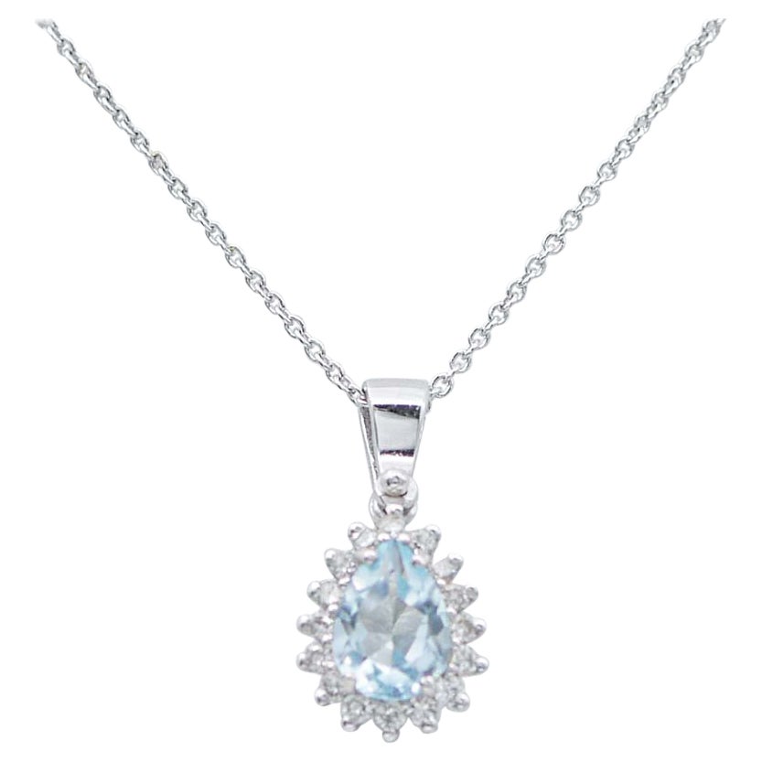 Aquamarine Colour Topaz, Diamonds, 18 Karat White Gold Pendant Necklace