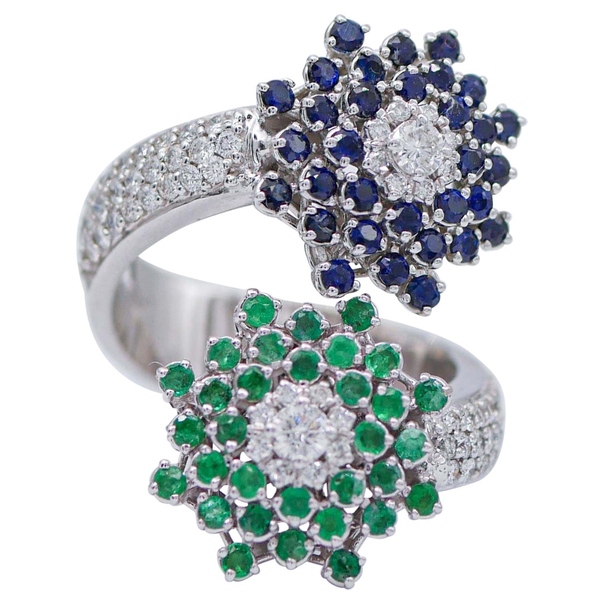 Sapphires, Emeralds, Diamonds, 18 Karat White Gold Contrarié Ring For Sale
