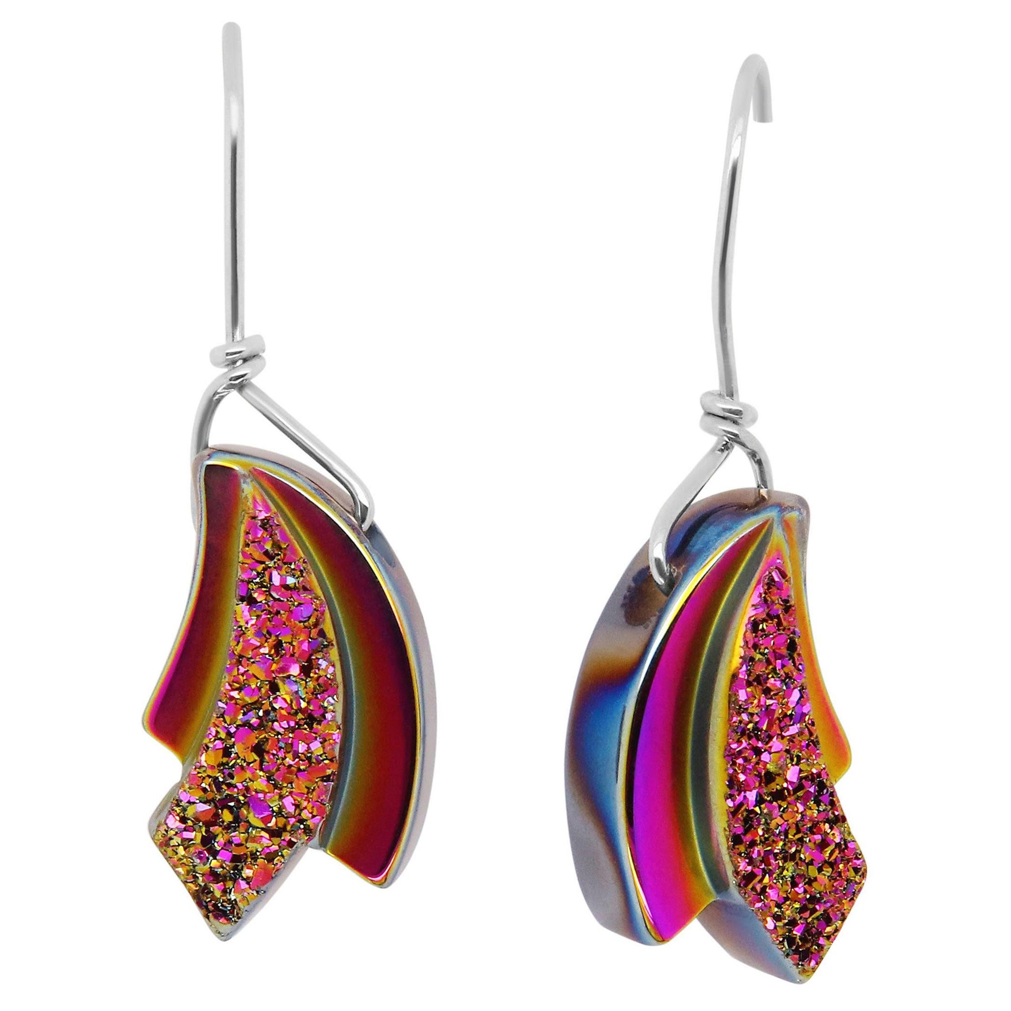 Sterling Silver Rainbow Titanium Druzy Dangle Drop Earrings 925 Sterling Silver