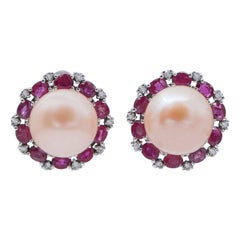 Pearls, Rubies, Diamonds, 14 Karat White Gold Earrings