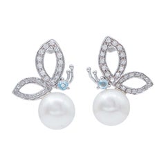 Aquamarine, Diamonds, Pearls, 14 Karat White Gold Earrings.
