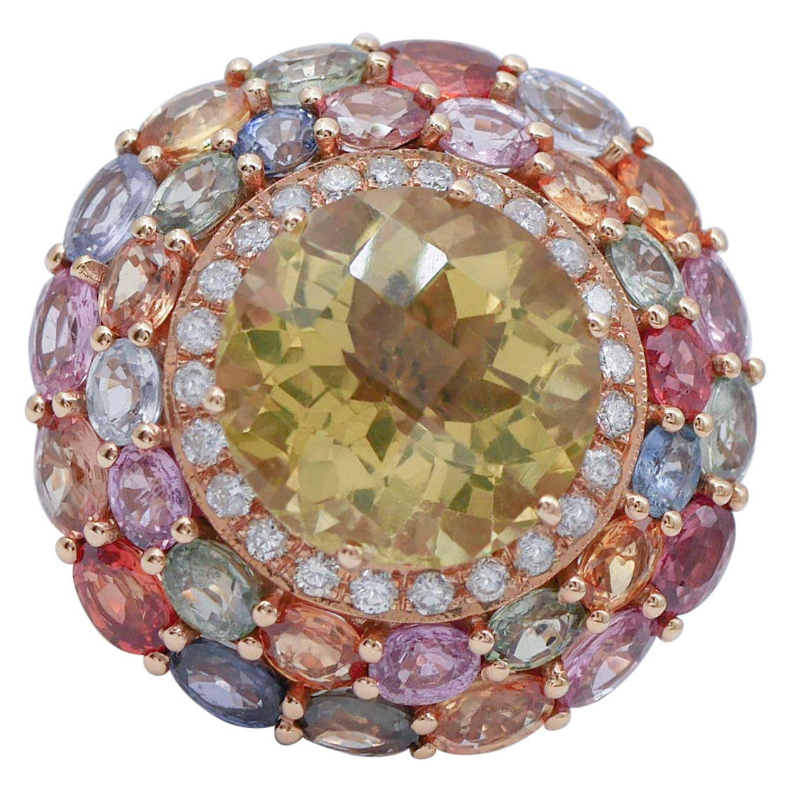 Citrino, Multicolor Sapphires, Diamonds, 14 Karat Rose Gold Ring For Sale