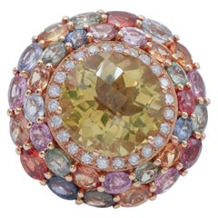 Retro Citrino, Multicolor Sapphires, Diamonds, 14 Karat Rose Gold Ring
