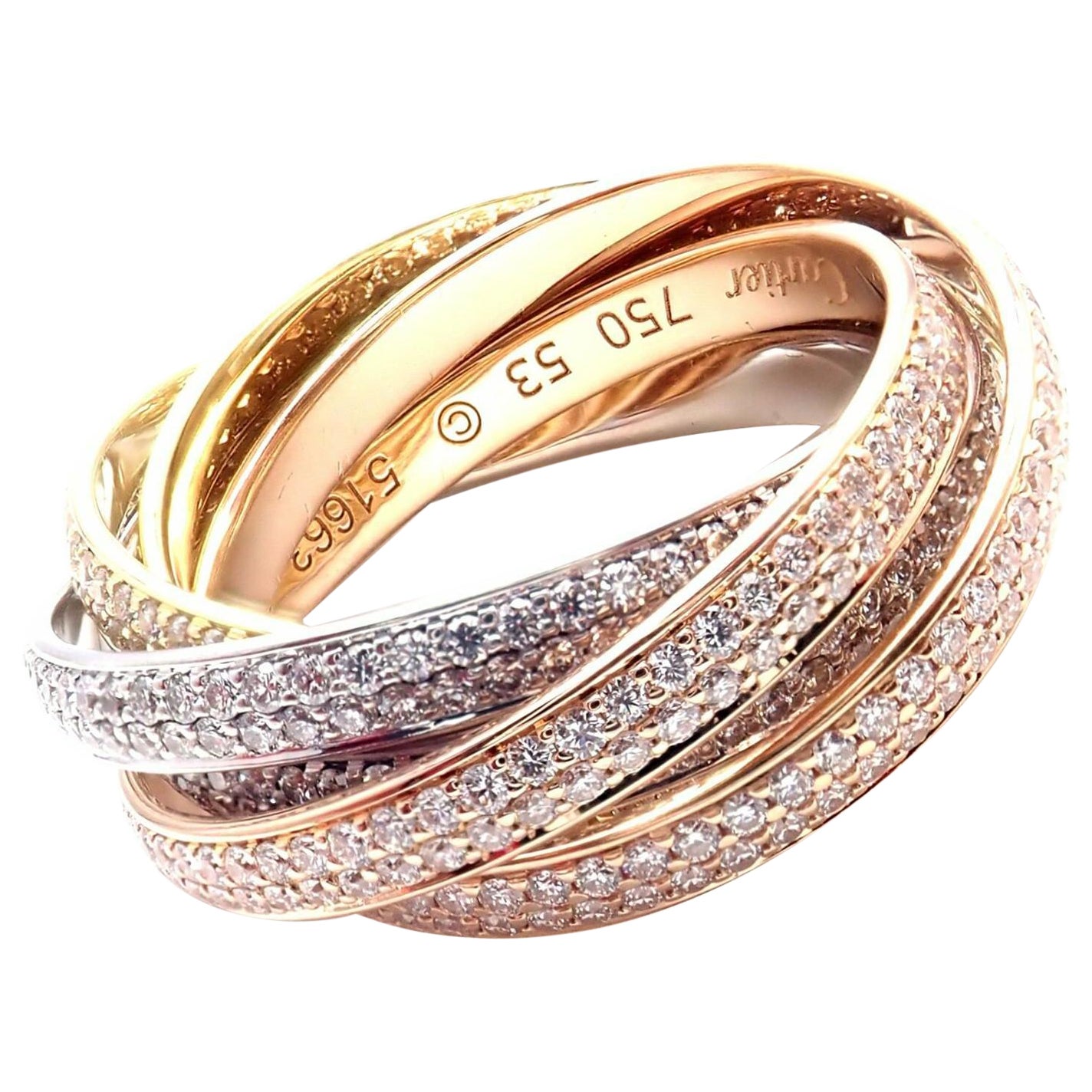 Cartier Pave Diamond Three-Color Gold Two for Trinity Six Band Ring For Sale