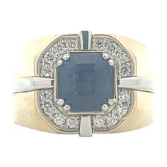3.60 ct. Cushion Sapphire Diamond Cluster Men's Signet Ring in Two Tone 14K Gold