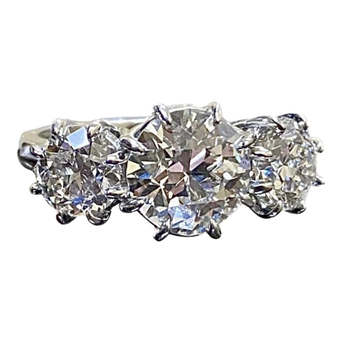 Platinum Three Stone GIA 4.28 Carat Old European Diamond Engagement Ring For Sale