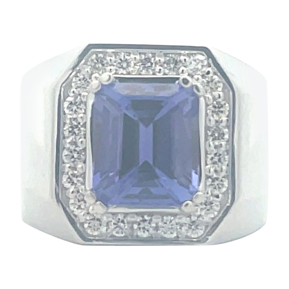 5.38 ct. Emerald Cut Tanzanite Diamond Halo Men's Ring in 14K White Gold
