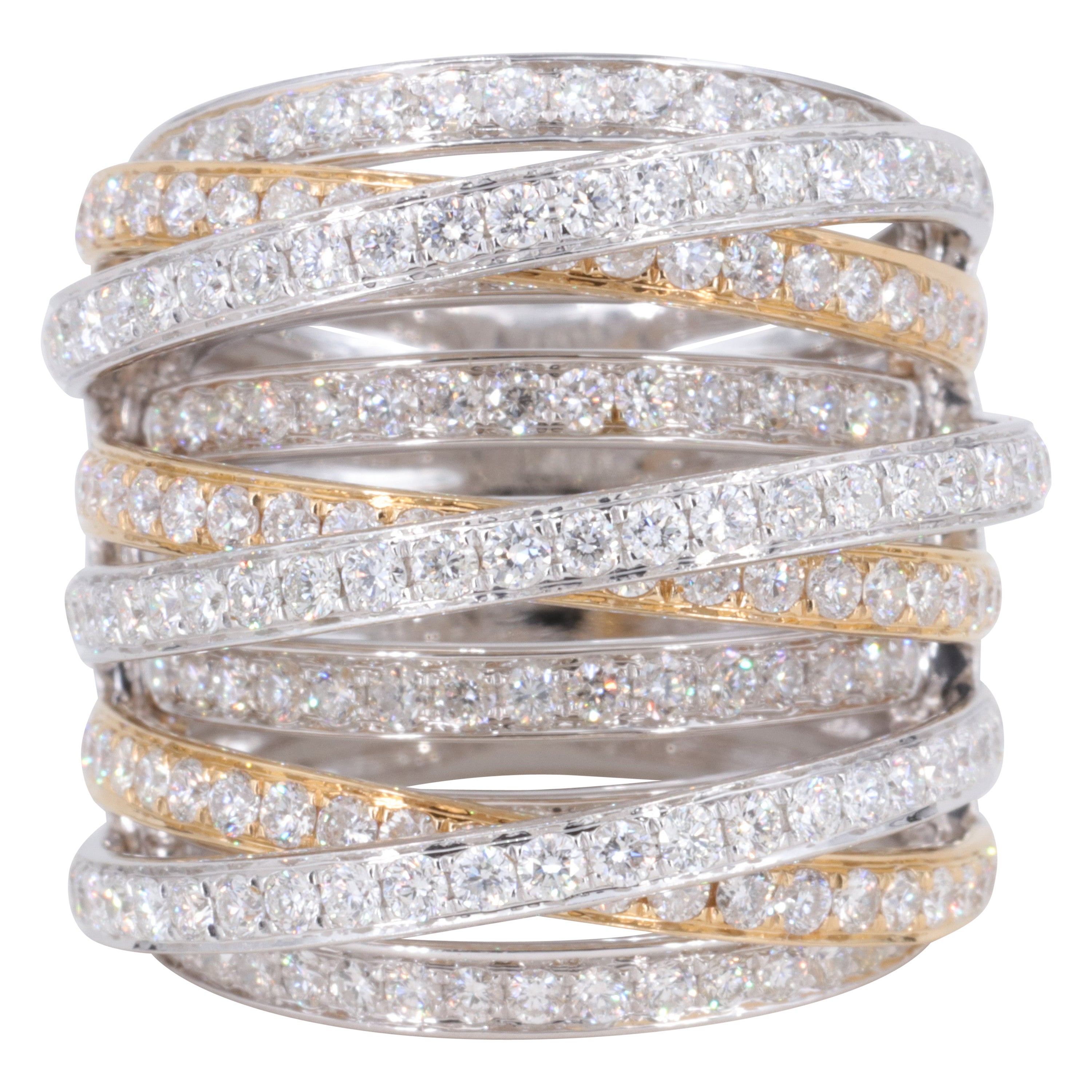 4.52 Carat Diamond Multi Row 18 Karat White & Yellow Gold Cocktail Ring Band For Sale