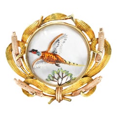 Antique Victorian Essex Crystal Mother-Of-Pearl 14 Karat Two-Tone Gold Pheasant Brooch
