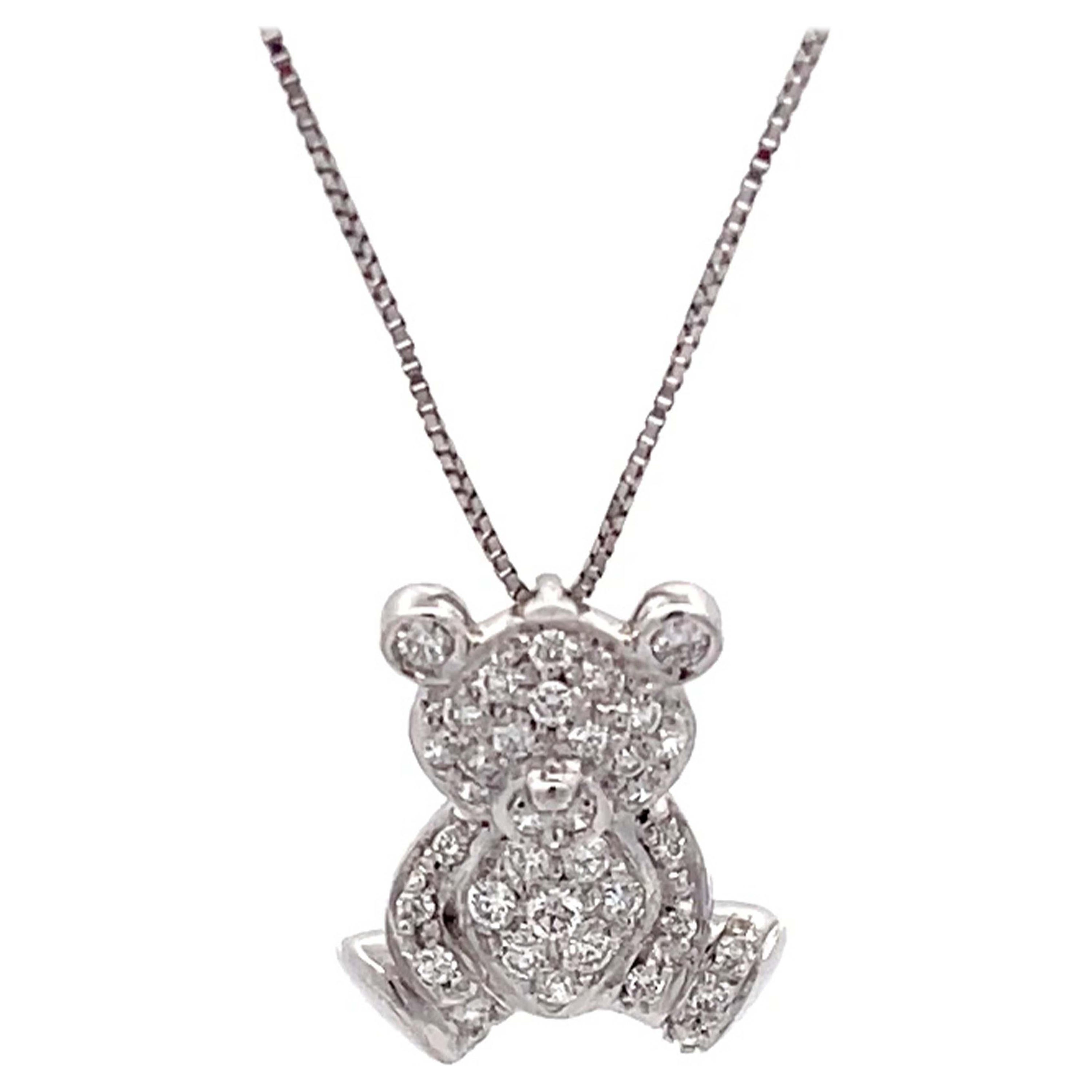 Teddy Bear Diamond Necklace in 18k White Gold For Sale