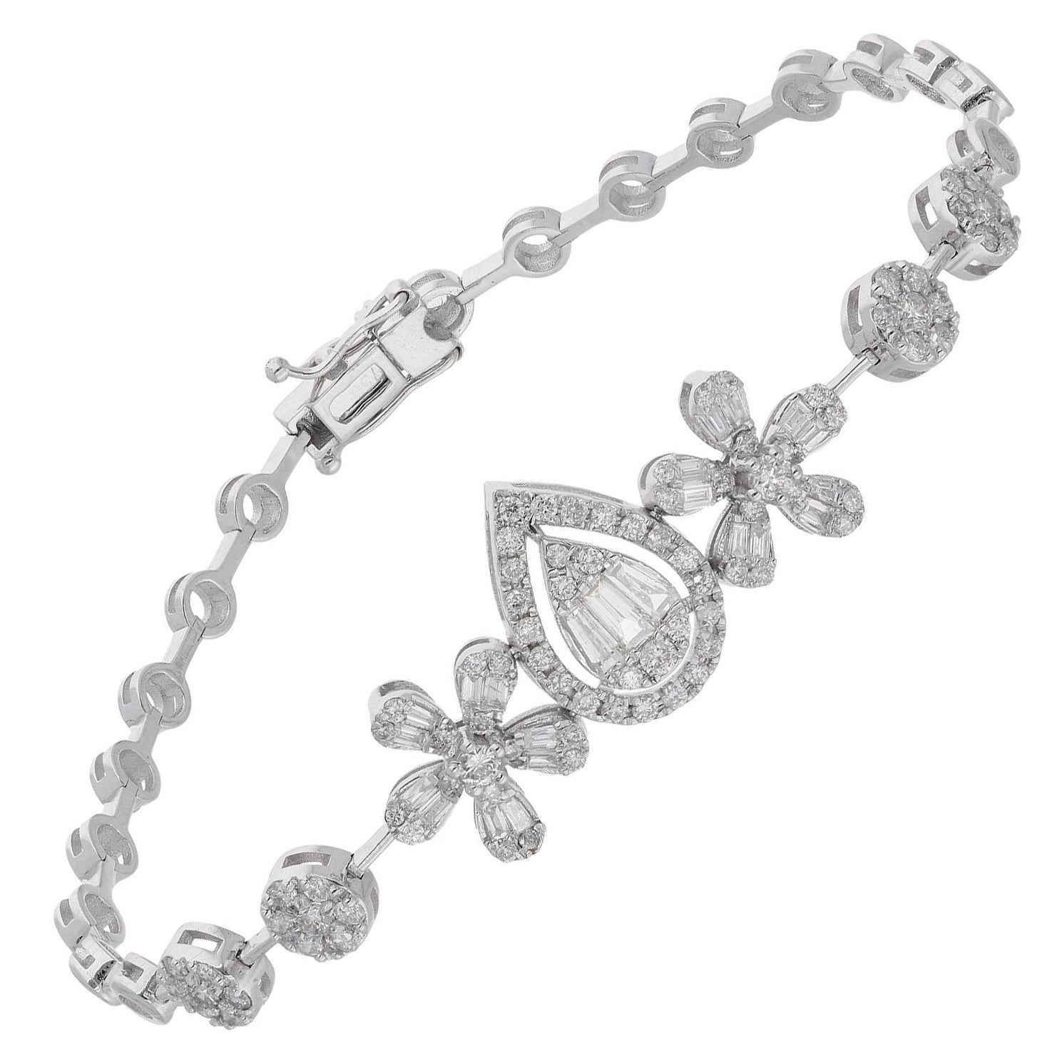 Real 1.32 Carat Diamond Flower Charms Bracelet 18 Karat White Gold Fine Jewelry For Sale