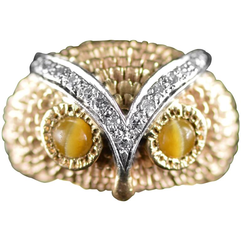Tiger's Eye Diamond Gold Owl Ring at 1stDibs