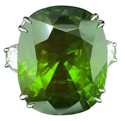 44.52 Carat GRS Certified Burma No Heat Peridot and White Diamond Gold Ring