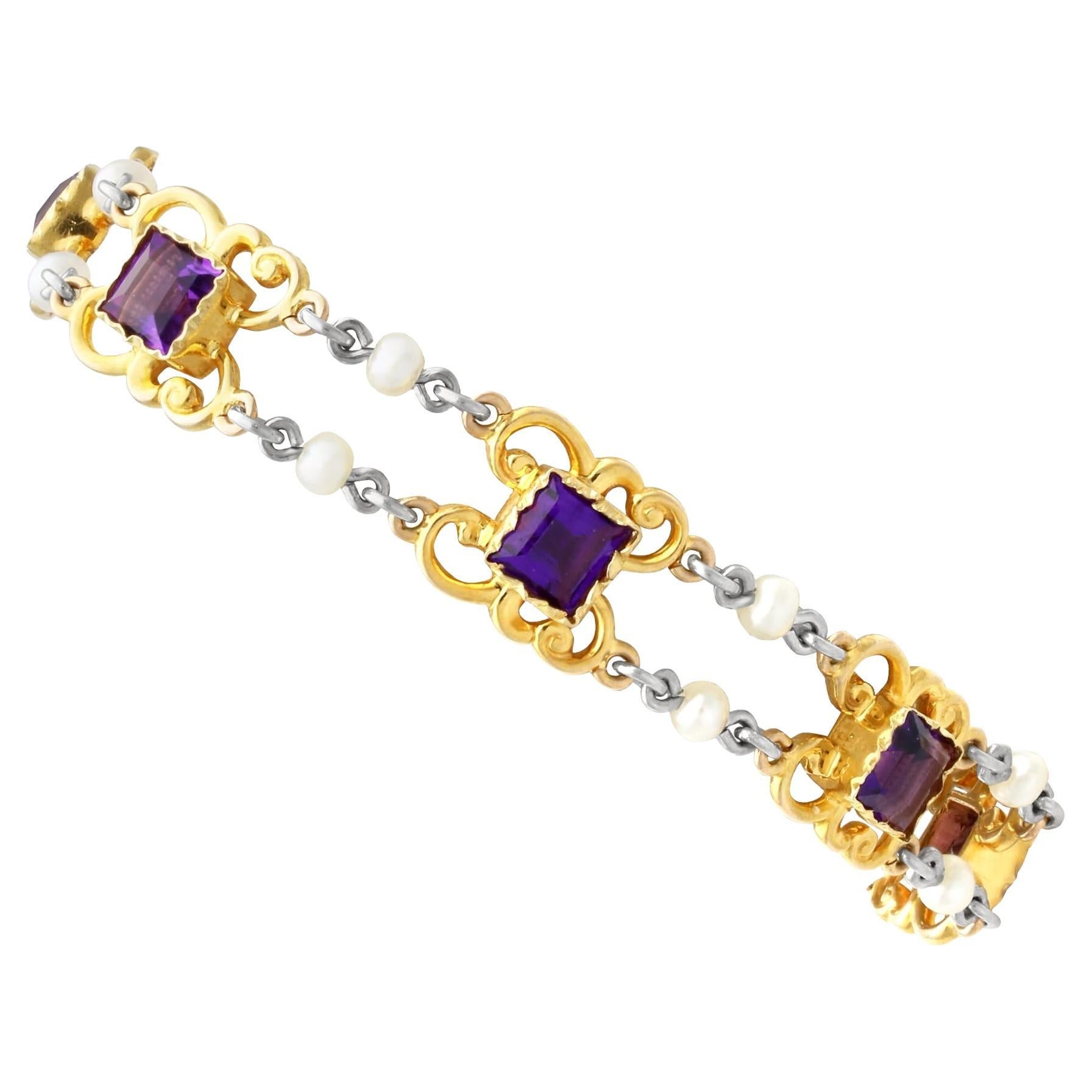Antique 5.25 Carat Amethyst and Pearl 15K Yellow Gold Bracelet For Sale