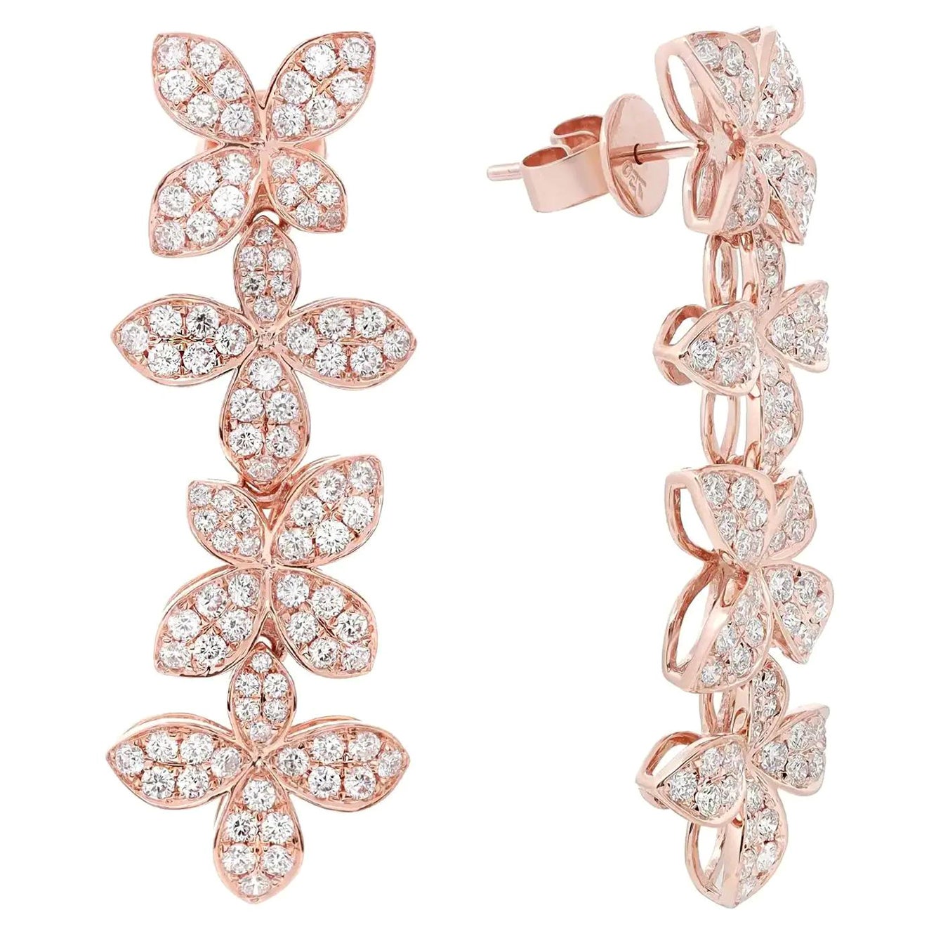 Pave Set Round Cut Diamond Flower Drop Earrings 18K Rose Gold 1.95Cttw For Sale