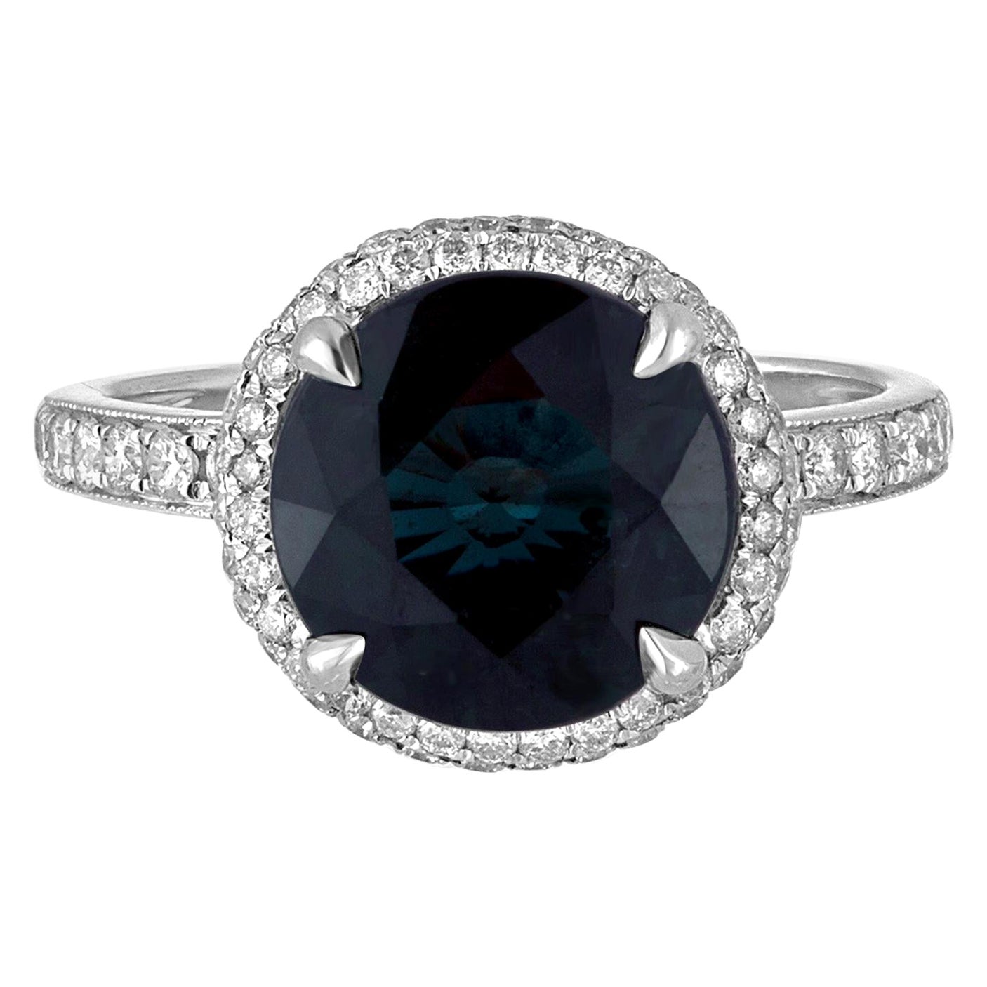 Certified No Heat 4.98 Carat Round Greenish Blue Teal Sapphire Diamond Gold Ring For Sale