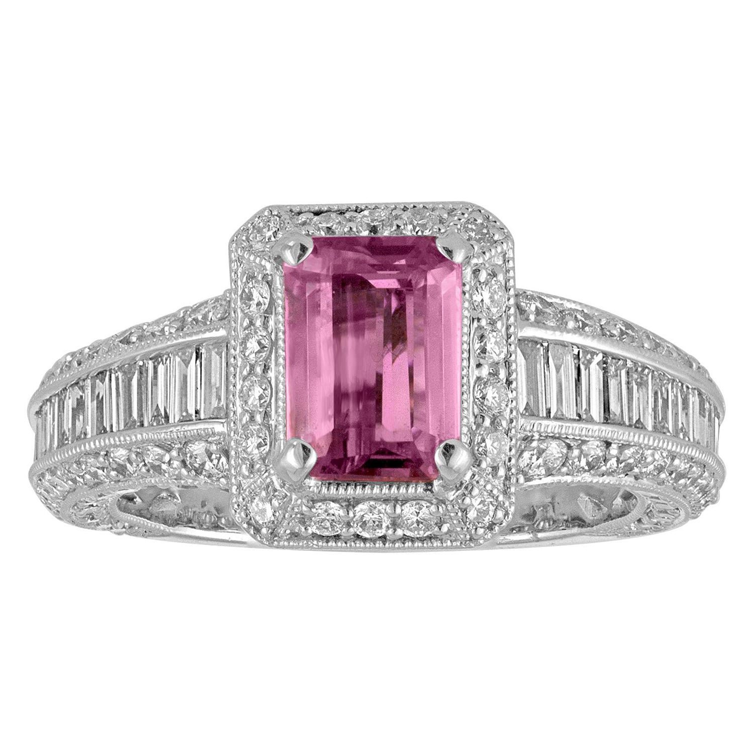 Certified No Heat 1.55 Carat Step Cut Pink Sapphire Diamond Gold Milgrain Ring
