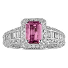 Certified No Heat 1.55 Carat Step Cut Pink Sapphire Diamond Gold Milgrain Ring