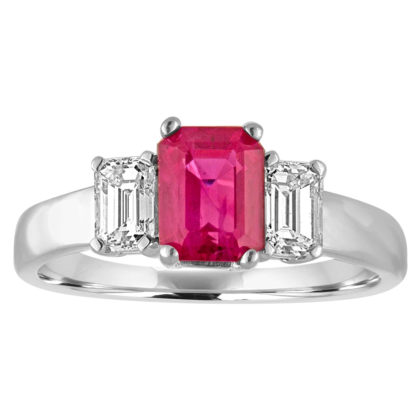 AGL and IGI Certified 1.27 Carat Burma Ruby Three-Stone Diamond Gold Ring For Sale