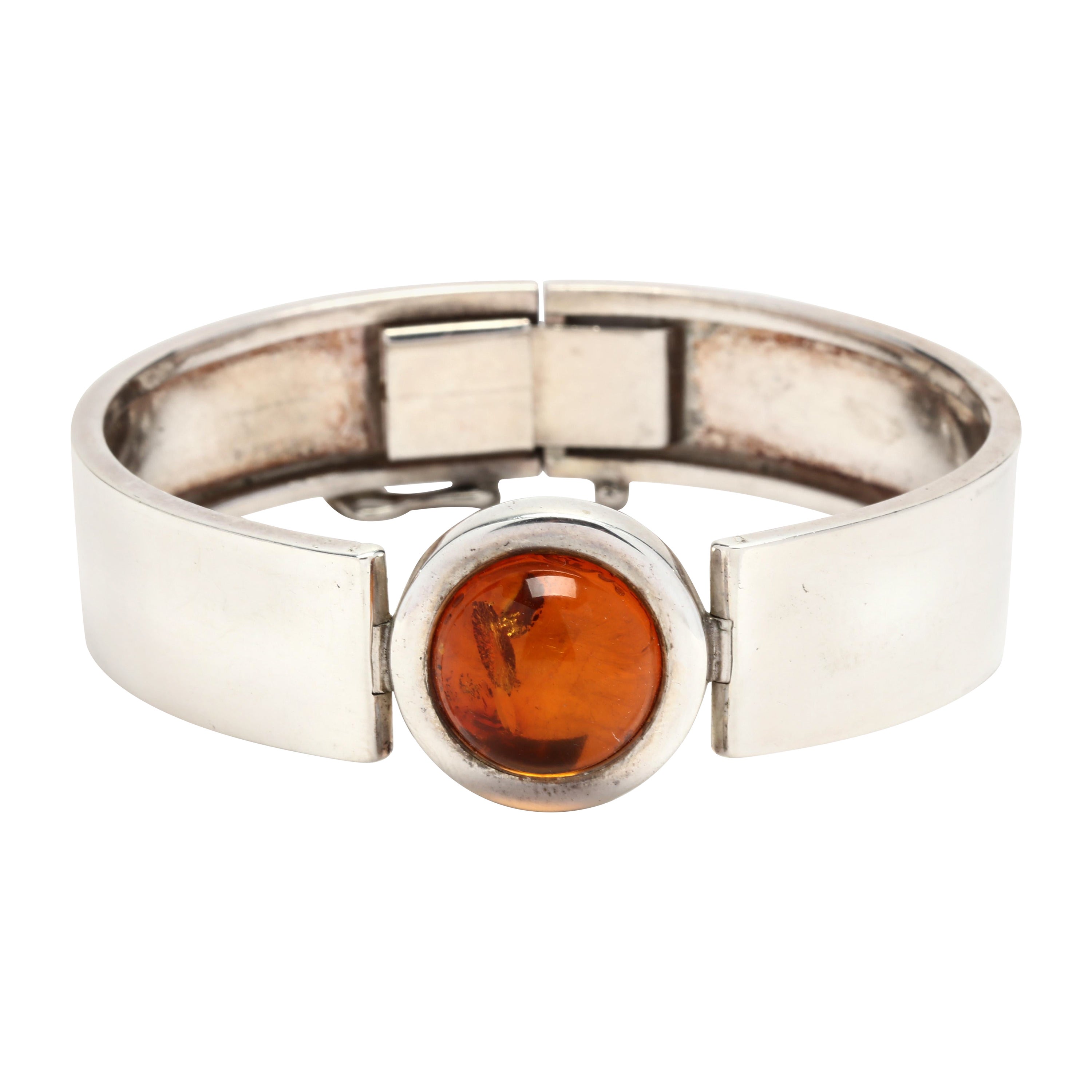 Round Amber Cabochon Bangle Bracelet, Sterling Silver, Stackable