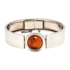Retro Round Amber Cabochon Bangle Bracelet, Sterling Silver, Stackable
