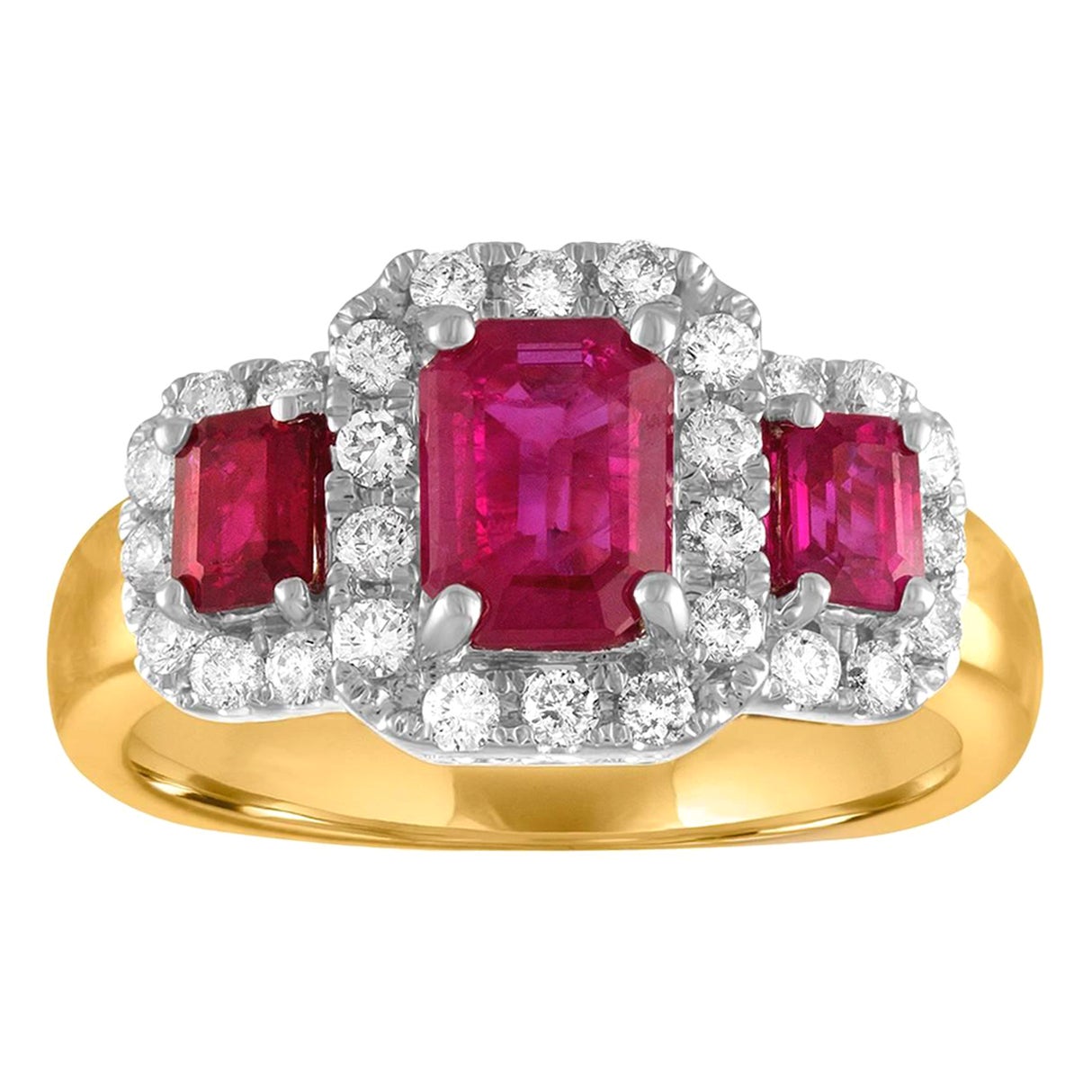 AGL & IGI Certified 1.75 Carat Diamond Gold Burma Ruby Three Stone Ring For Sale