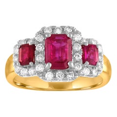 AGL & IGI Certified 1.75 Carat Diamond Gold Burma Ruby Three Stone Ring