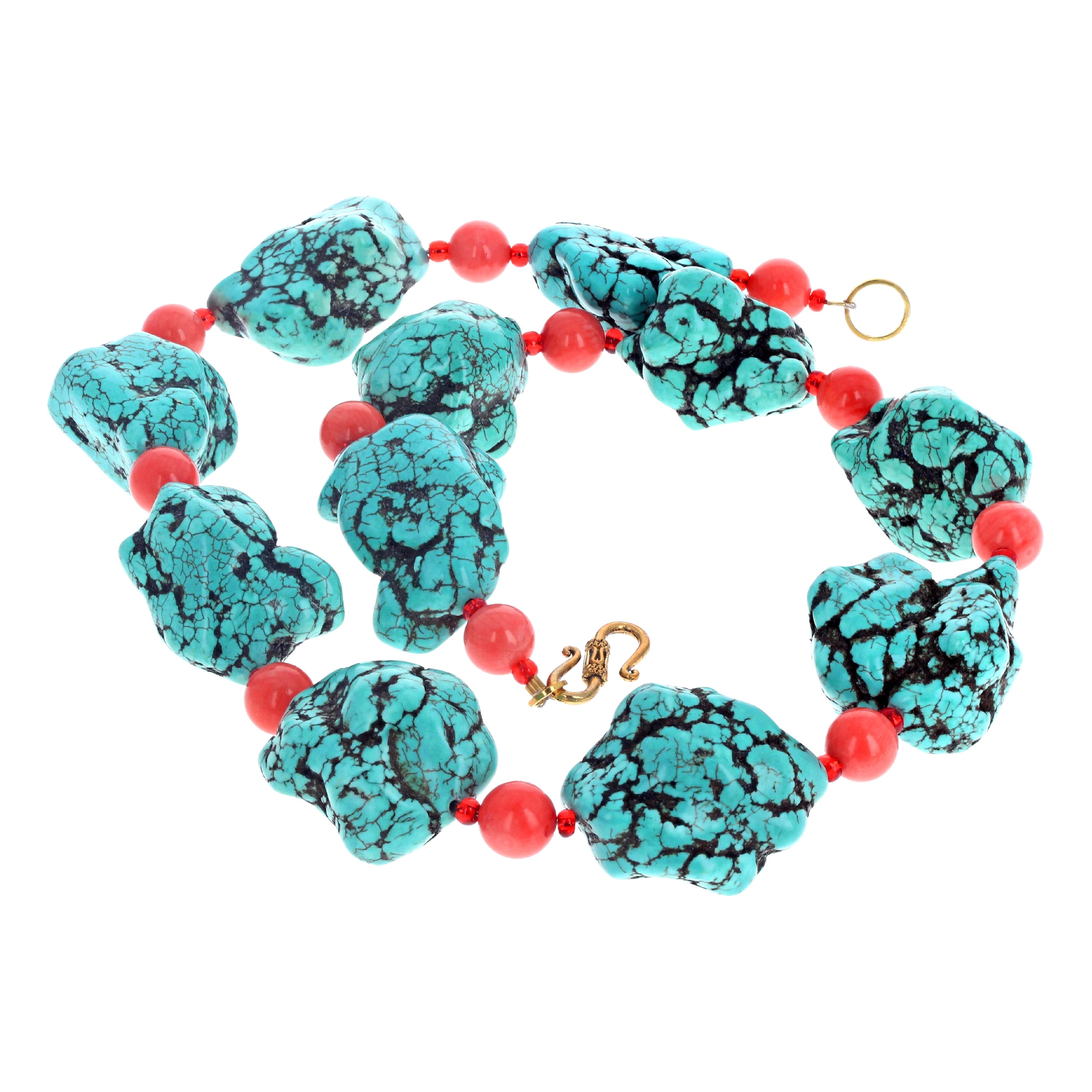 AJD Chunky Large Polished Turquoise and Carnelian Necklace For Sale