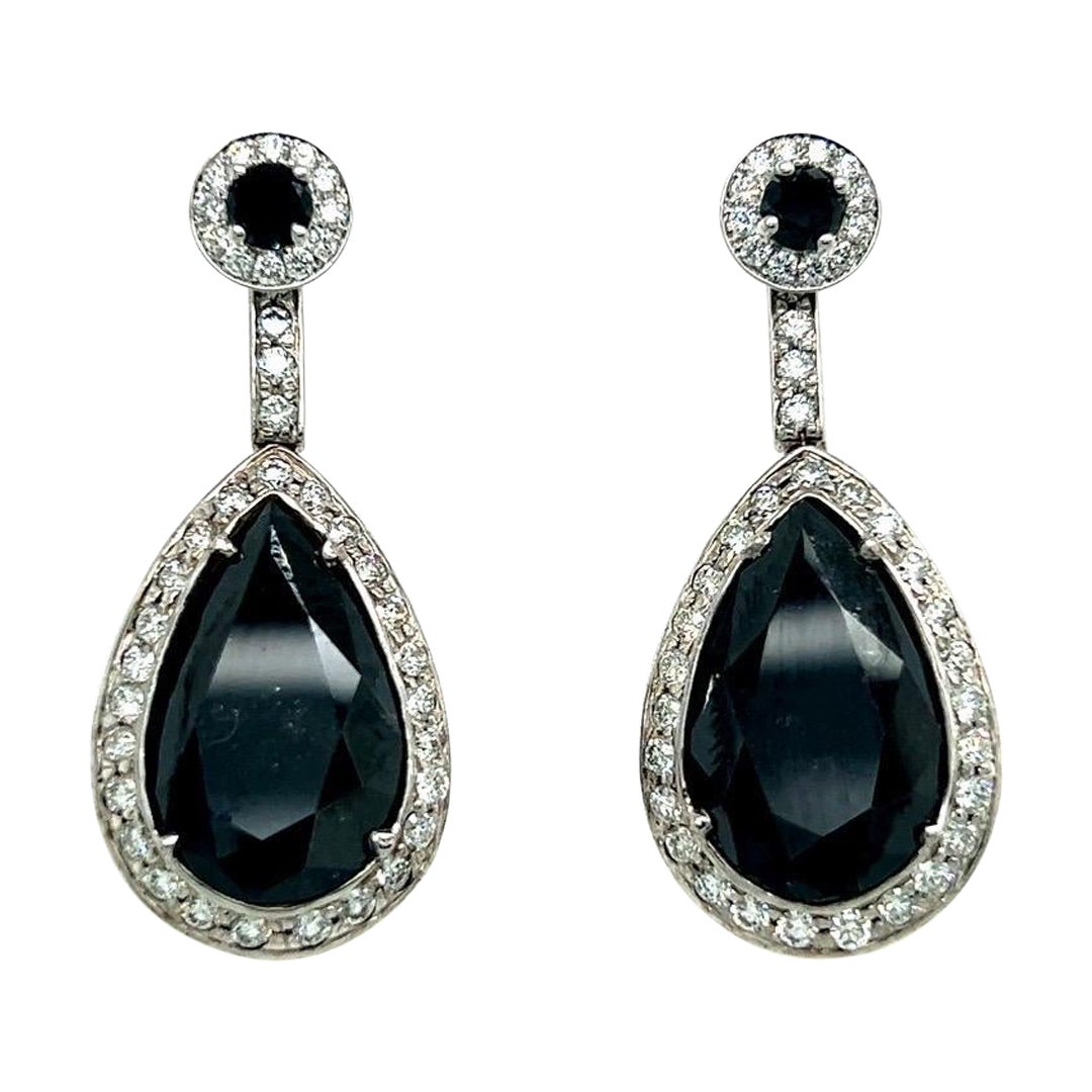 Modern Gold 23 Carat Natural Colorless and Black Pear Shaped Diamond Earrings For Sale