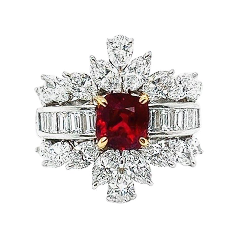 GIA Red Spinel and Diamond Cluster Cocktail Ring For Sale