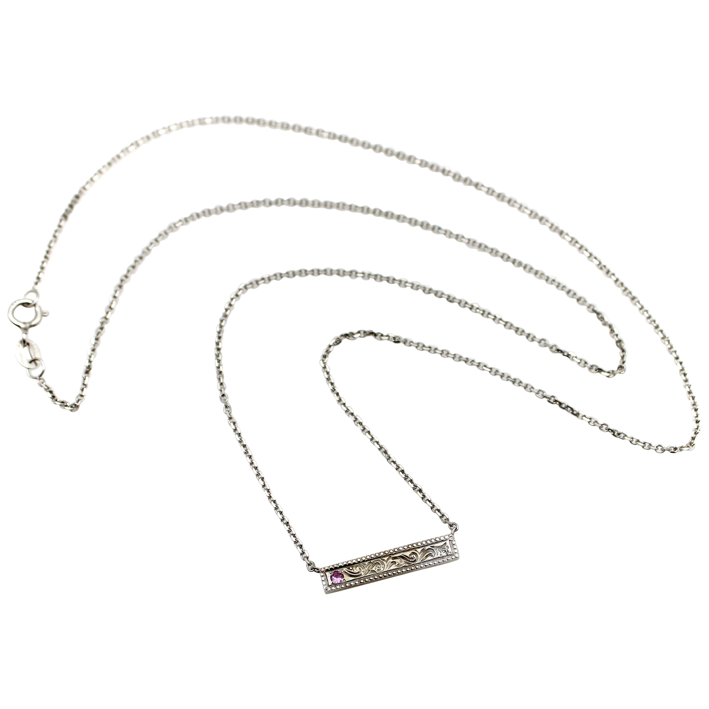 14K White Gold Bar Necklace with Diamond and Pink Tourmaline For Sale