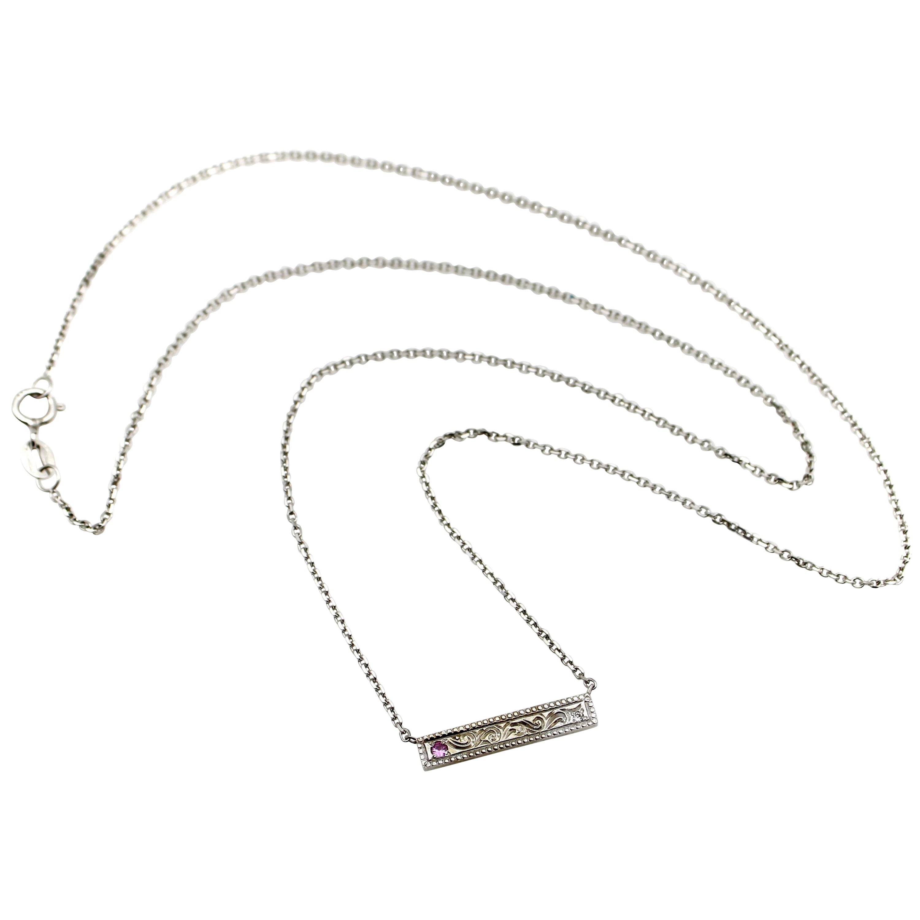 14K White Gold Bar Necklace with Diamond and Pink Tourmaline