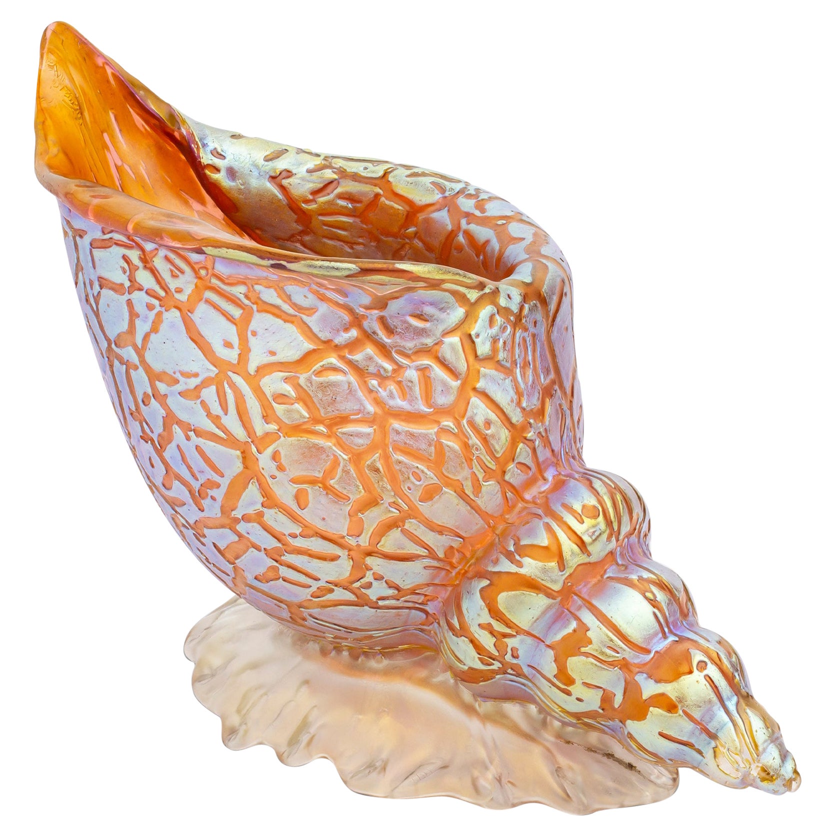 Glass Conch Shell by Loetz in Pink Ground with Mimosa Decor For Sale