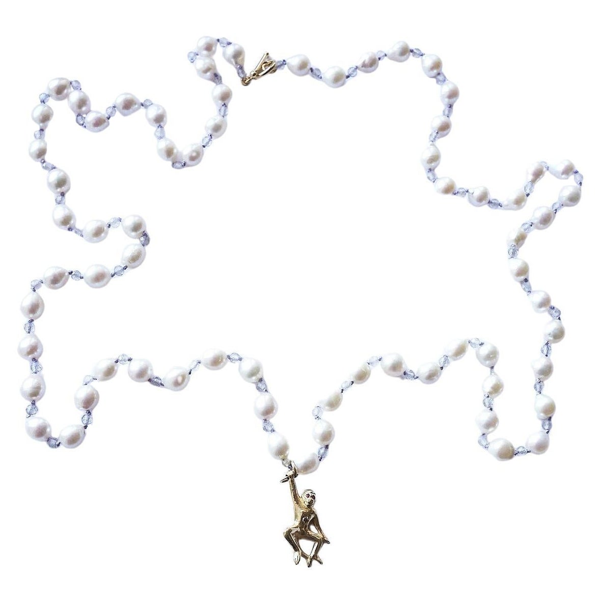 Halskette mit weißem Diamant, Rubin, Gold, Affen, weißer Perle, Labradorit, Seidenperlen