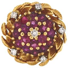 1960s Ruby Diamond Gold Leaf Cluster Ring