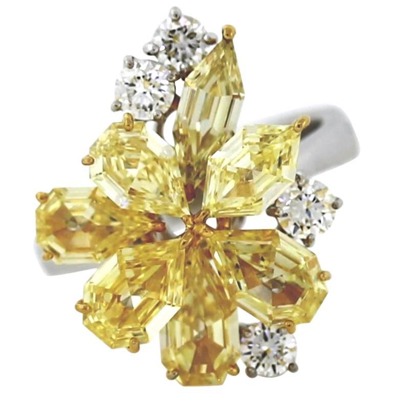 Fancy Intense Yellow and White Diamond Two Color Gold Modern Cluster Ring