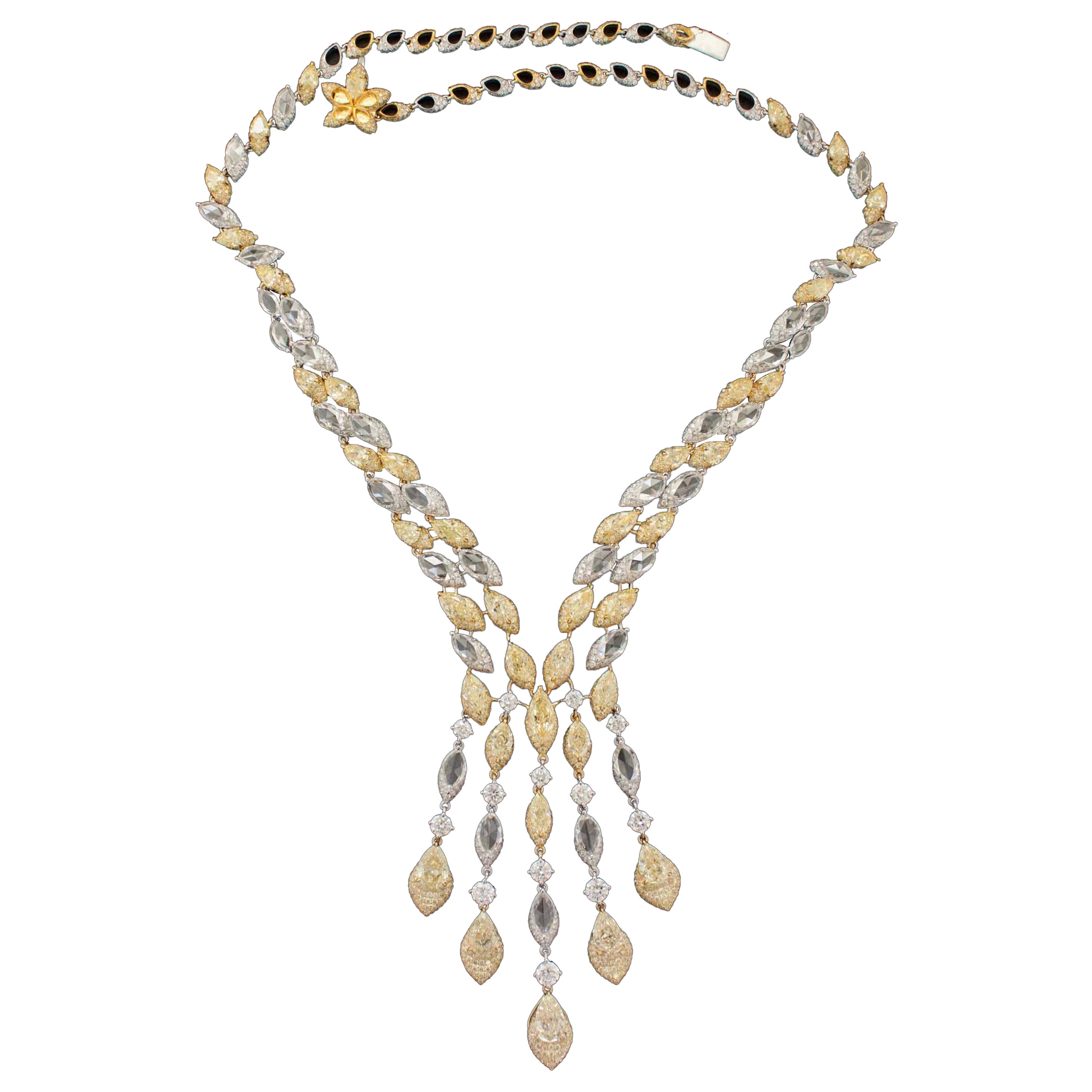 37.99 Carat Yellow and White Diamonds Necklace, 18K Yellow Gold