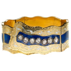 Antique Victorian Enamel, Diamond and Gold Bangle Bracelet