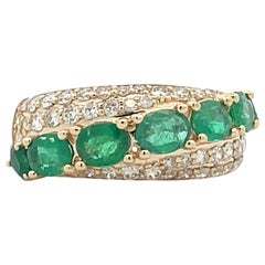 1.61 Ct. 5 Oval, Cut Emeralds and Diamond Cluster Cocktail Ring in 14K Gold