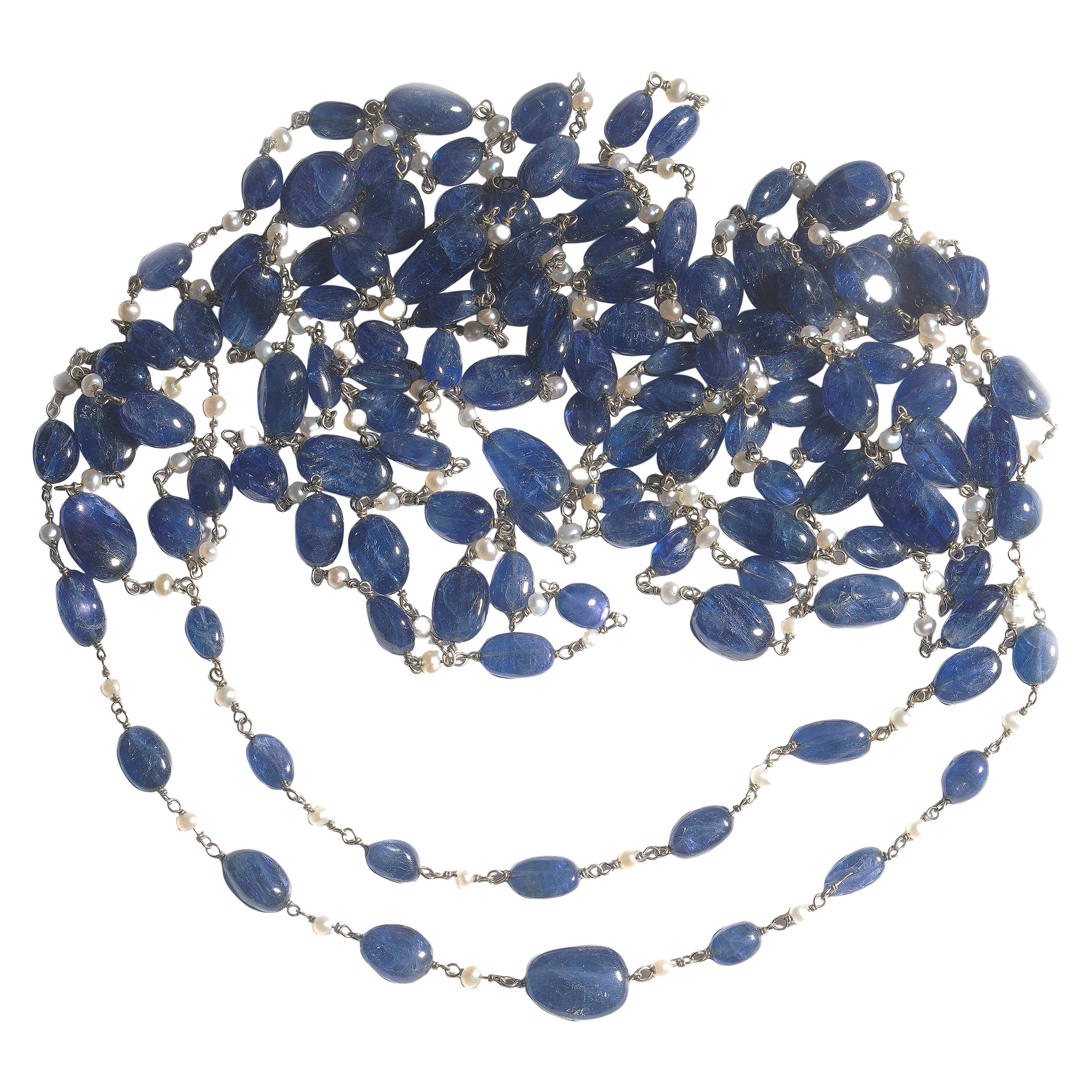 Sapphire, Pearl And White Gold Long Chain Necklace For Sale
