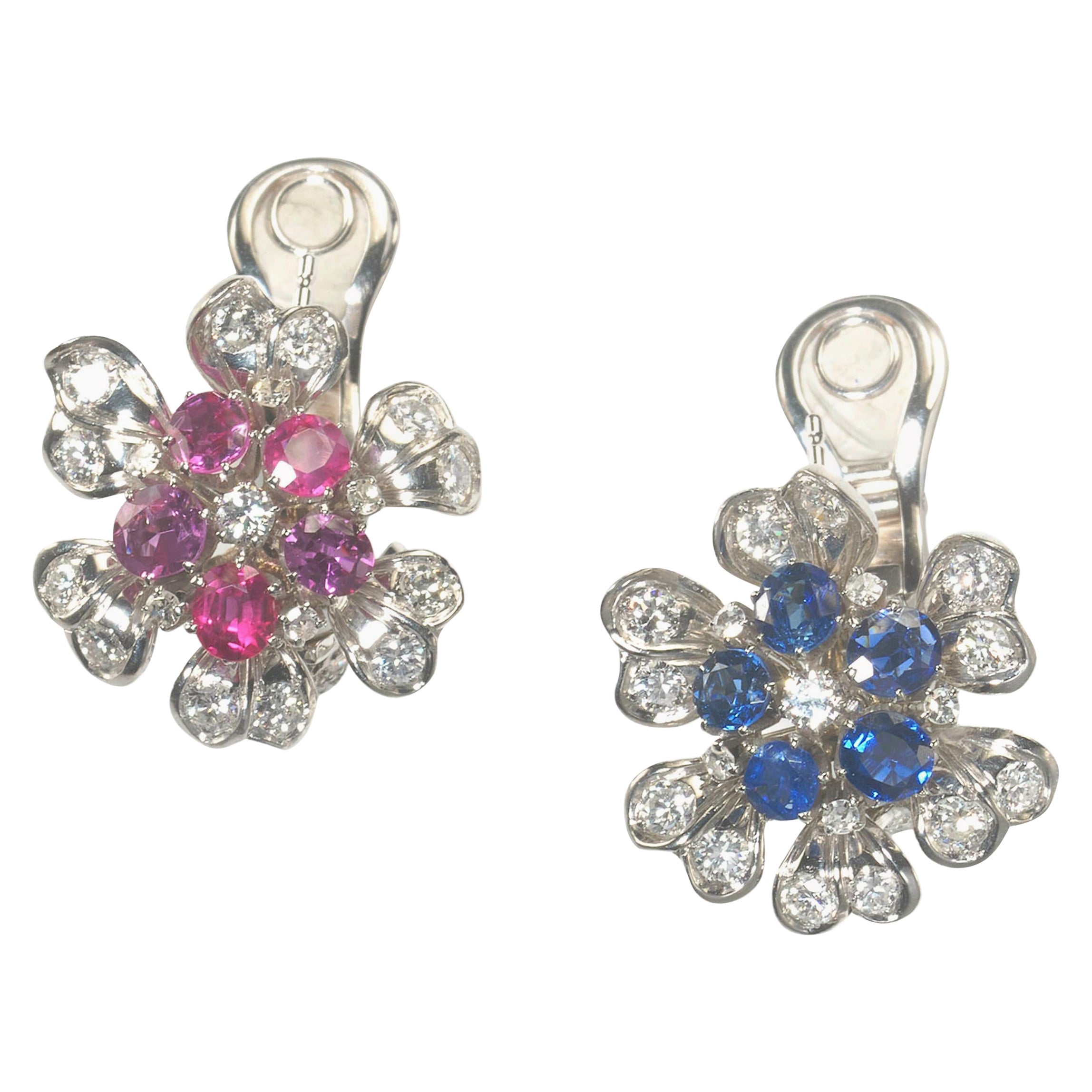 Vintage Sapphire, Ruby, Diamond and Platinum Flower Earrings For Sale