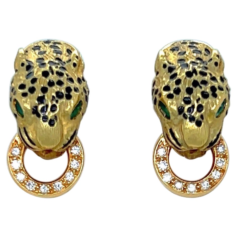 Gay Freres 18 KT Yellow Gold Panther Earrings with .20Cts Diamonds and Emeralds For Sale