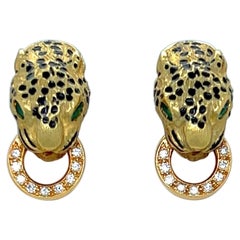 Gay Freres 18 KT Yellow Gold Panther Earrings with .20Cts Diamonds and Emeralds