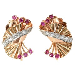 Retro Gold Earrings with Rubies and Diamonds
