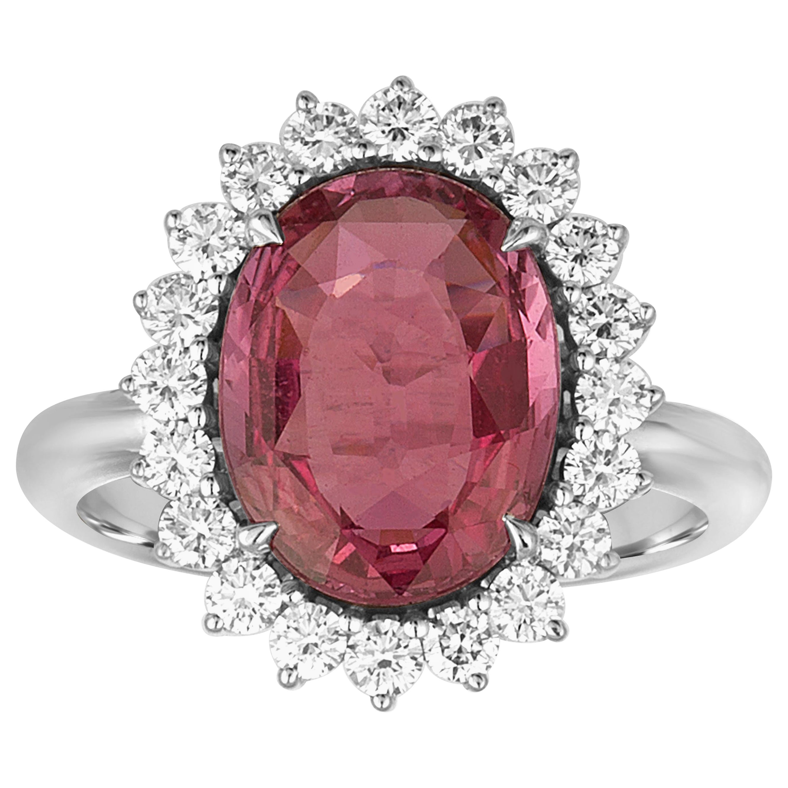 Goldring mit AGL-zertifiziertem 4,06 Karat ovalem rosa Saphir und Diamant