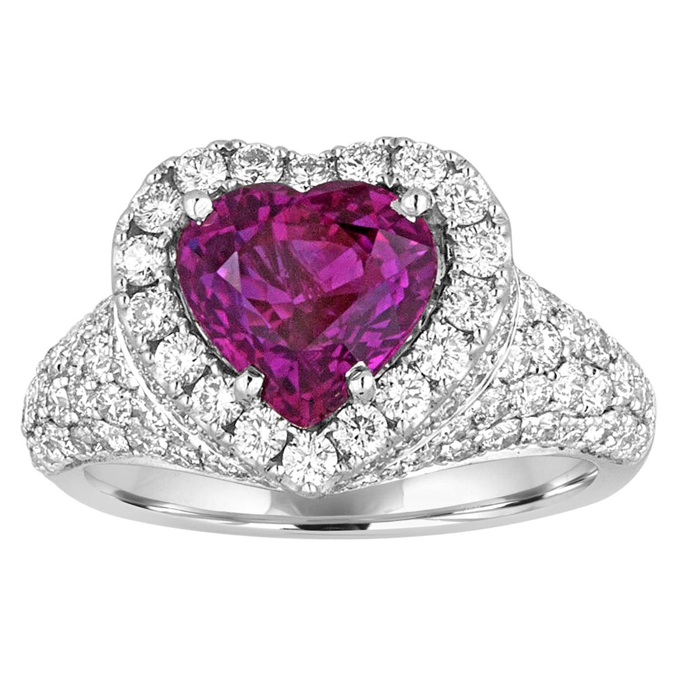 Certified 3.05 Carat No Heat Purple Sapphire Diamond Gold Heart Ring For Sale