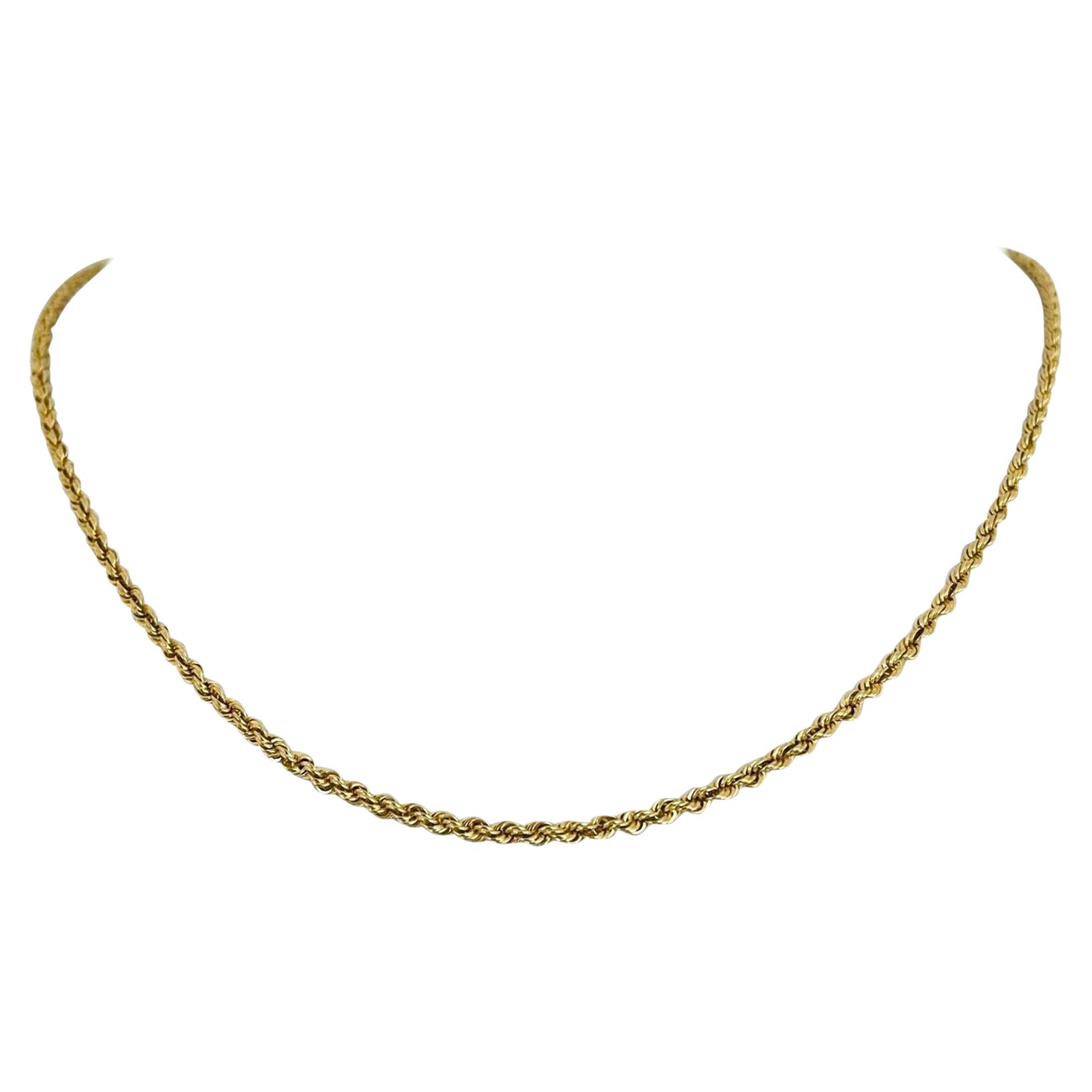 14 Karat Yellow Gold Diamond Cut Thin Long Rope Chain Necklace For Sale at 1stDibs