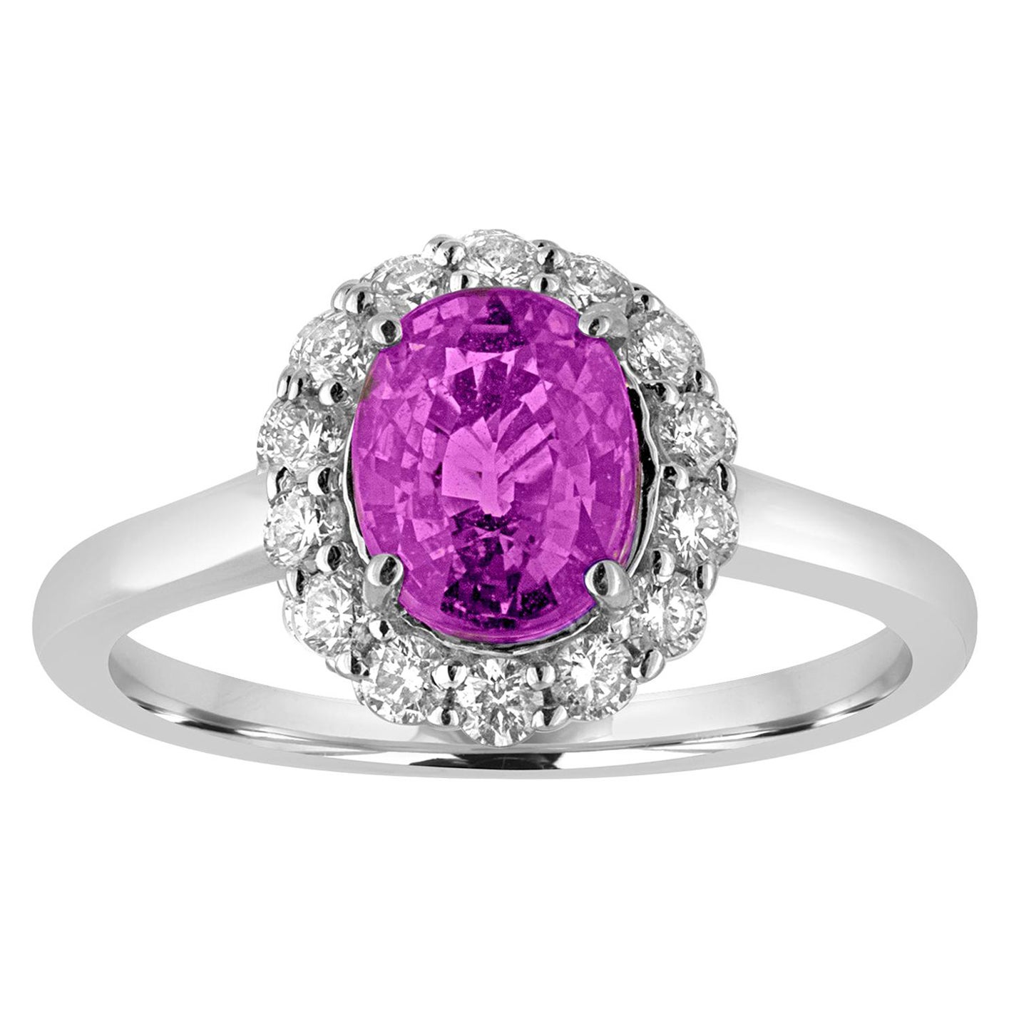 Certified 2.13 Carat Oval Purple Sapphire Diamond Halo Gold Ring For Sale